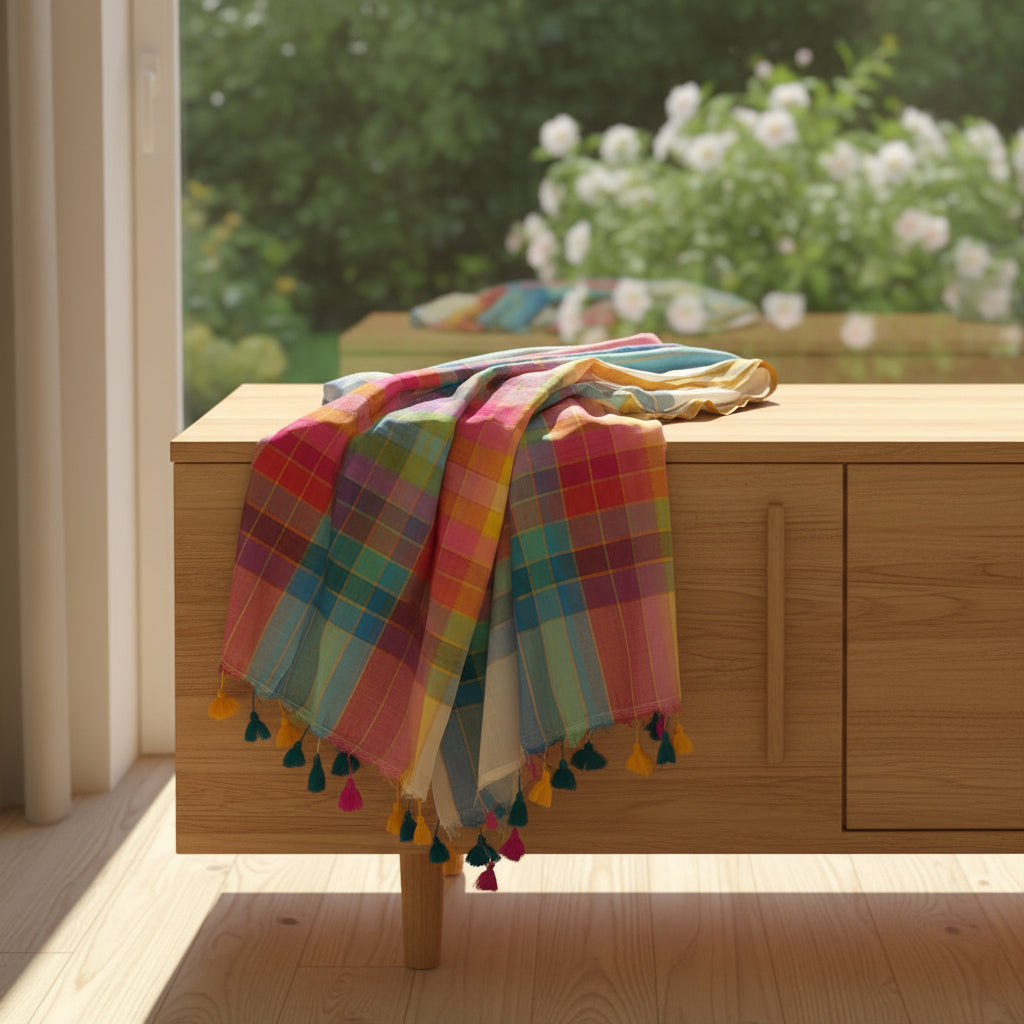 Vayu -Handwoven Rainbow White Mul