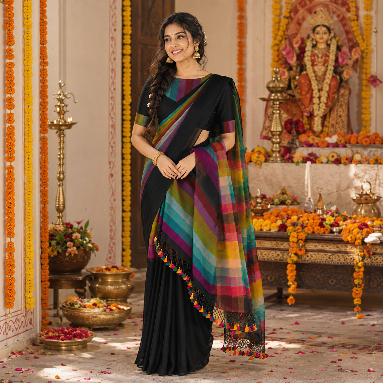 Vayu -Handwoven Rainbow Black Mul
