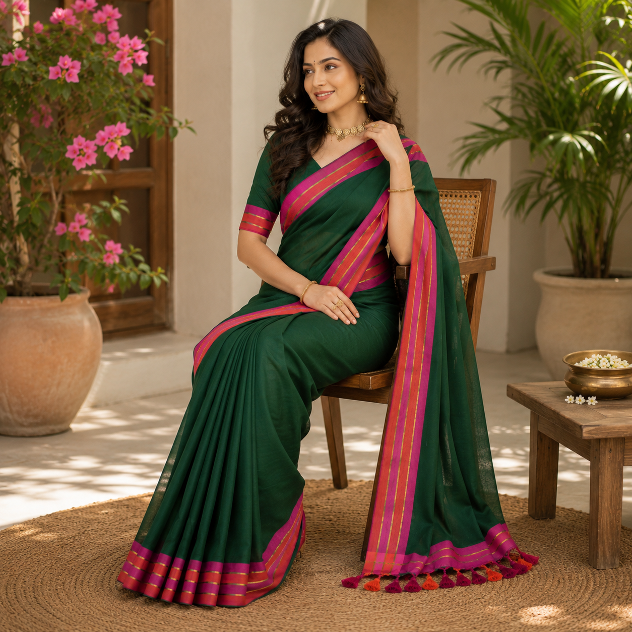 Bottle green mulmul with thick border