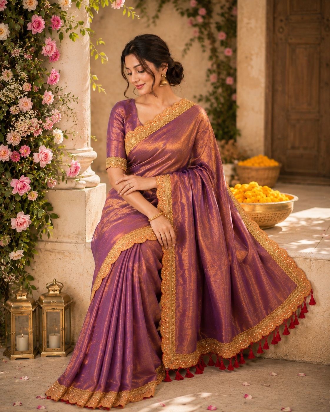 Purple soft tissue with zari border