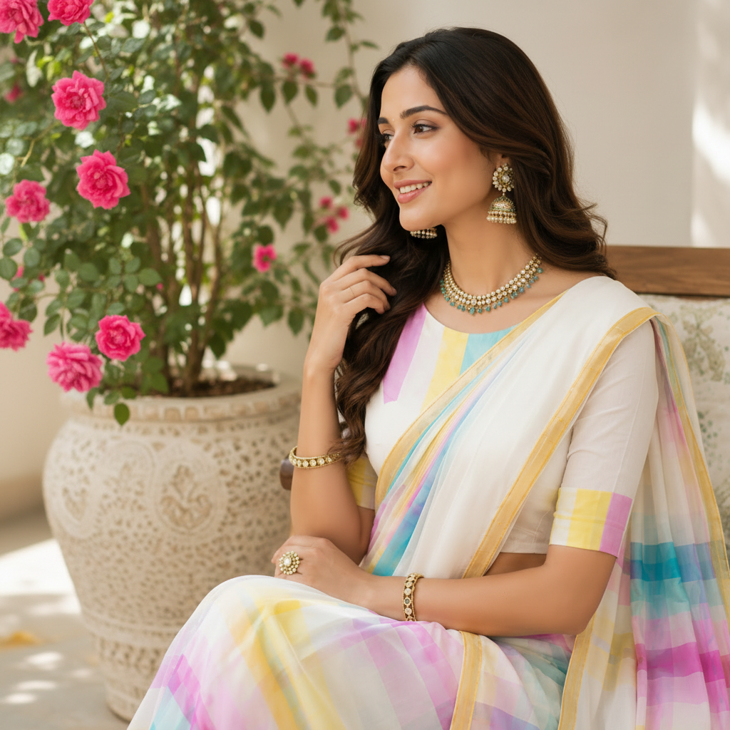 Vayu -Handwoven Rainbow White Mul