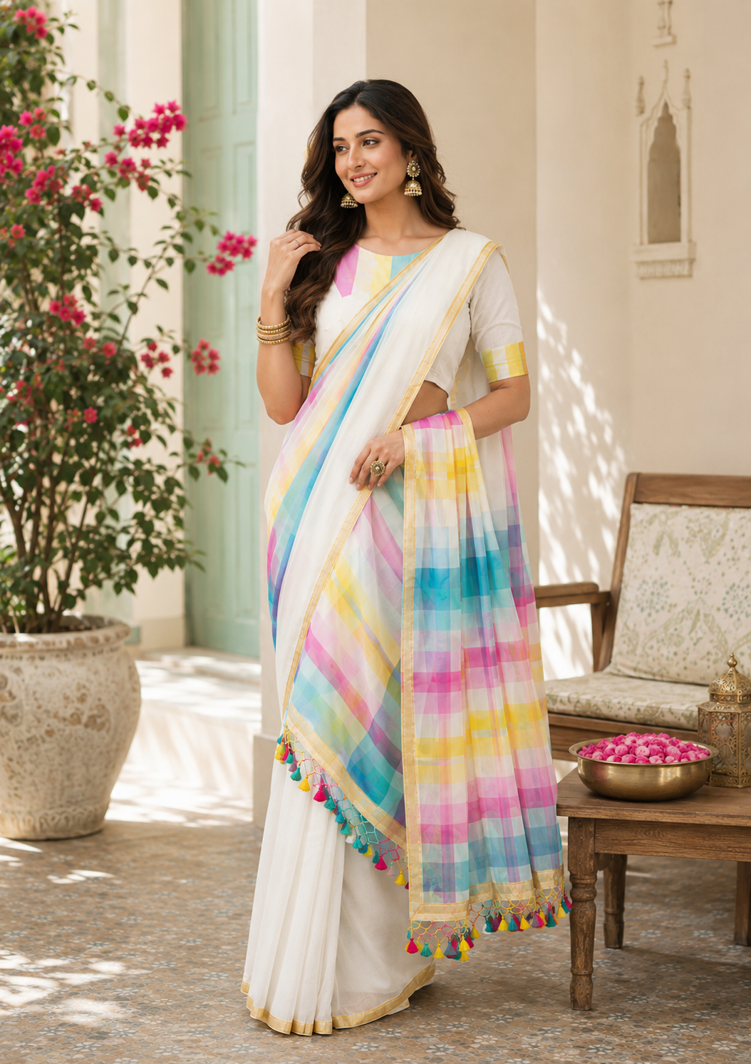 Vayu -Handwoven Rainbow White Mul