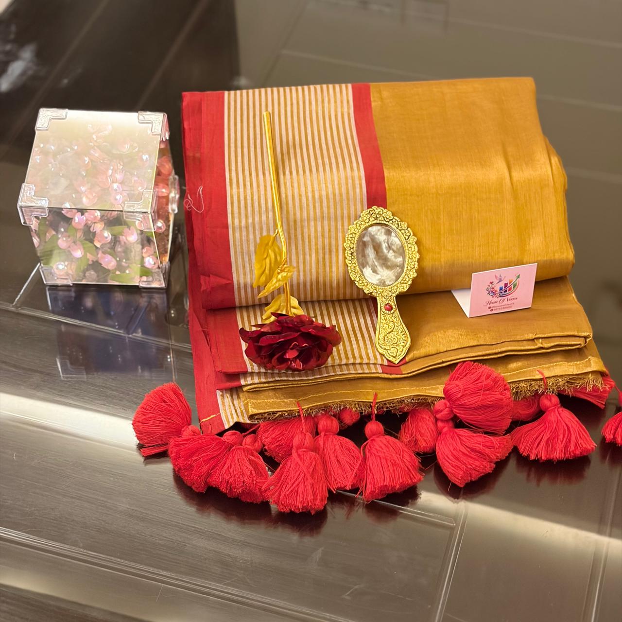 Golden soft tissue saree