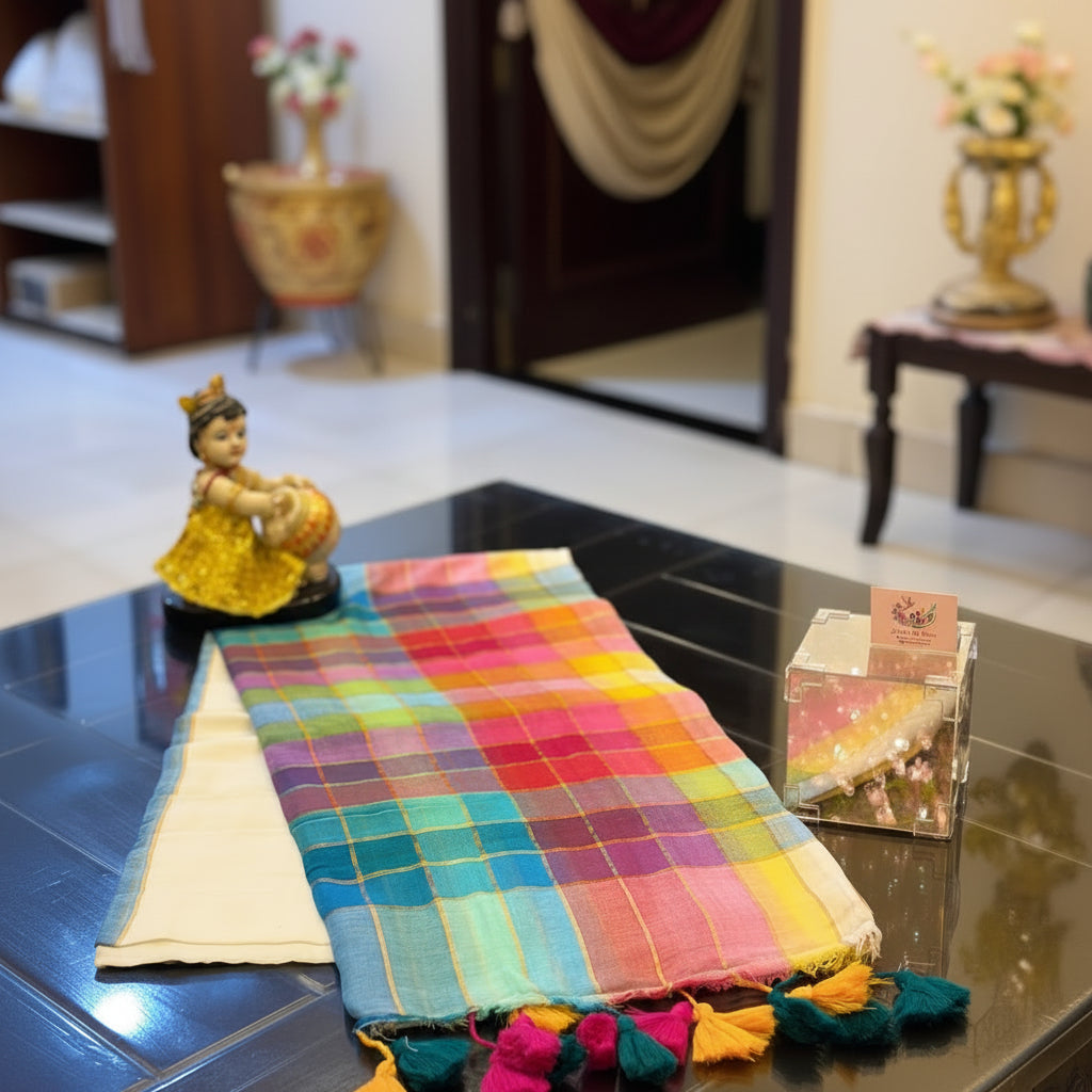Vayu -Handwoven Rainbow White Mul