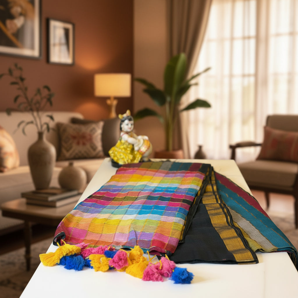Vayu -Handwoven Rainbow Black Mul