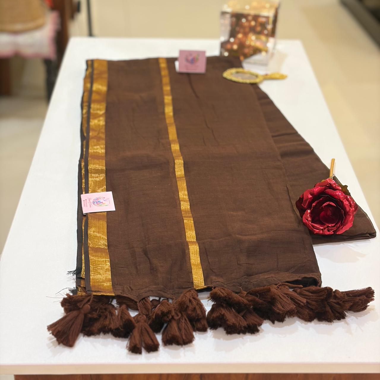 Brown Mulmul with zari border