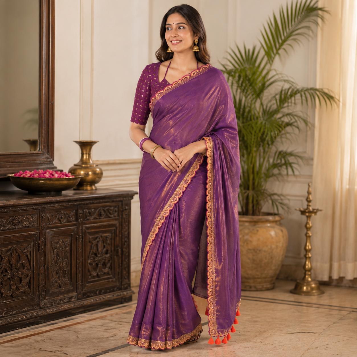 Purple soft tissue with zari border