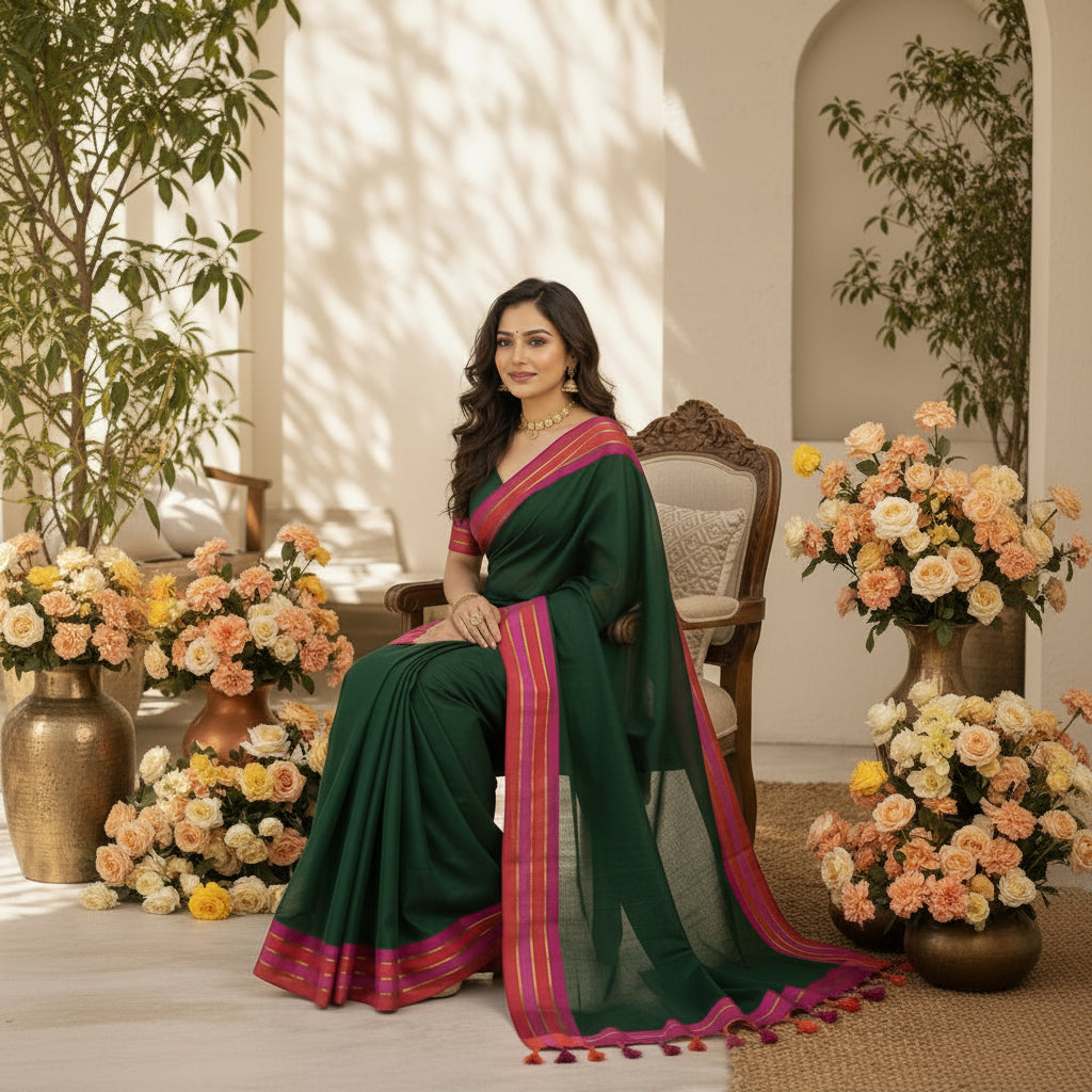 Bottle green mulmul with thick border