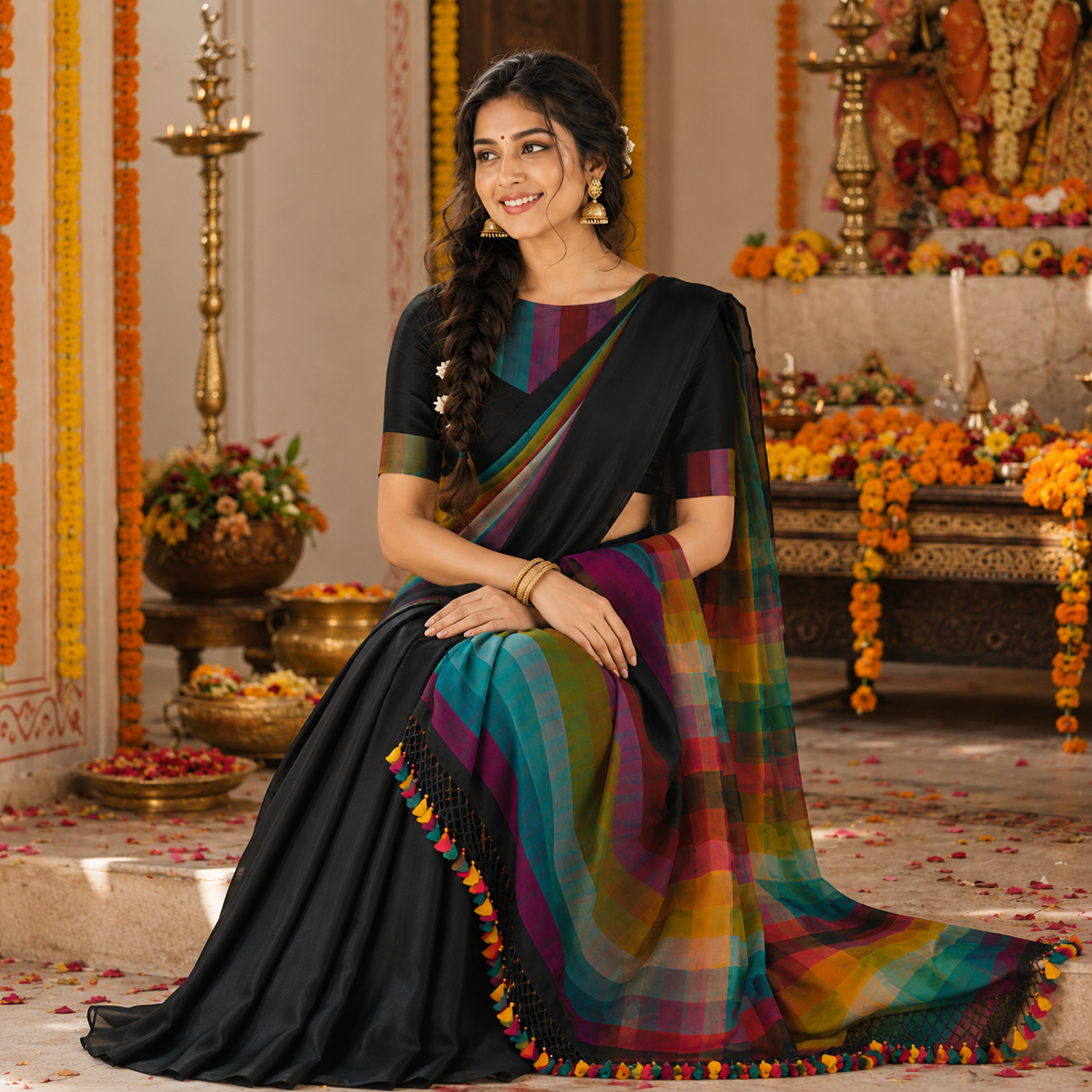Vayu -Handwoven Rainbow Black Mul